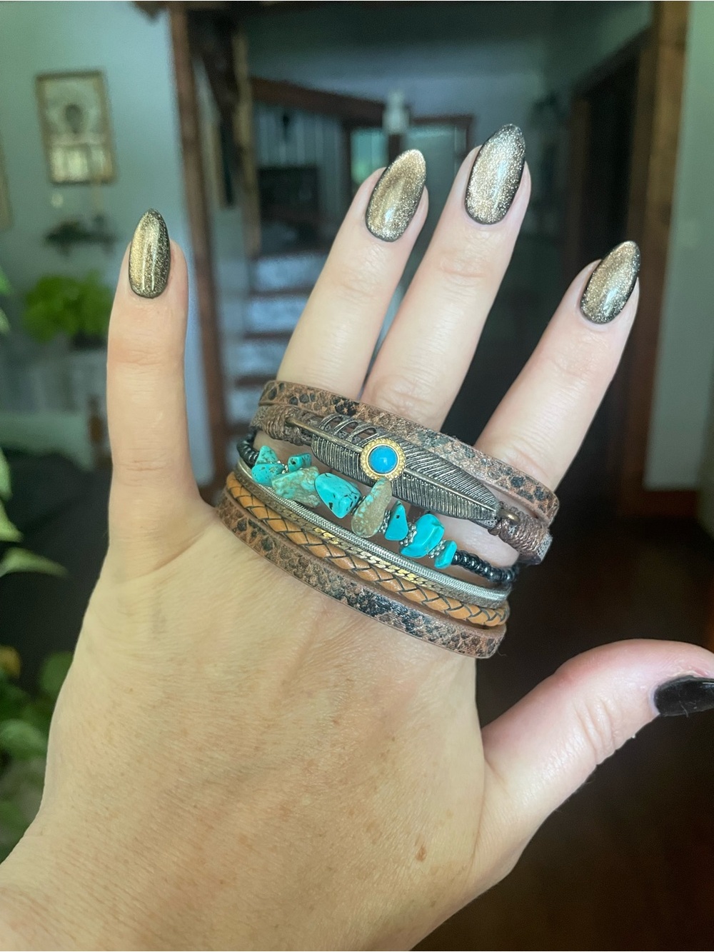 Turquoise Bead & Brown Leather Wrap Bracelet - Unbranded